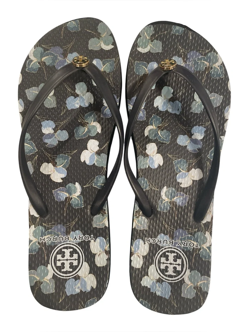Tory Burch Thin Flip Flops Navy Blue Floral with Gold T Medallion Size 10